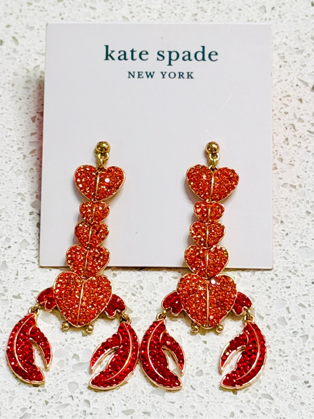 Kate Spade Love Lobster Red Crystal Rose Plated Dangle Pierced Earrings 2.5" NWT
